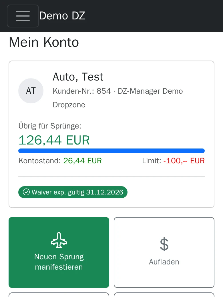 Screenshot: Anmelden und "Neuen Sprung manifestieren" antippen.