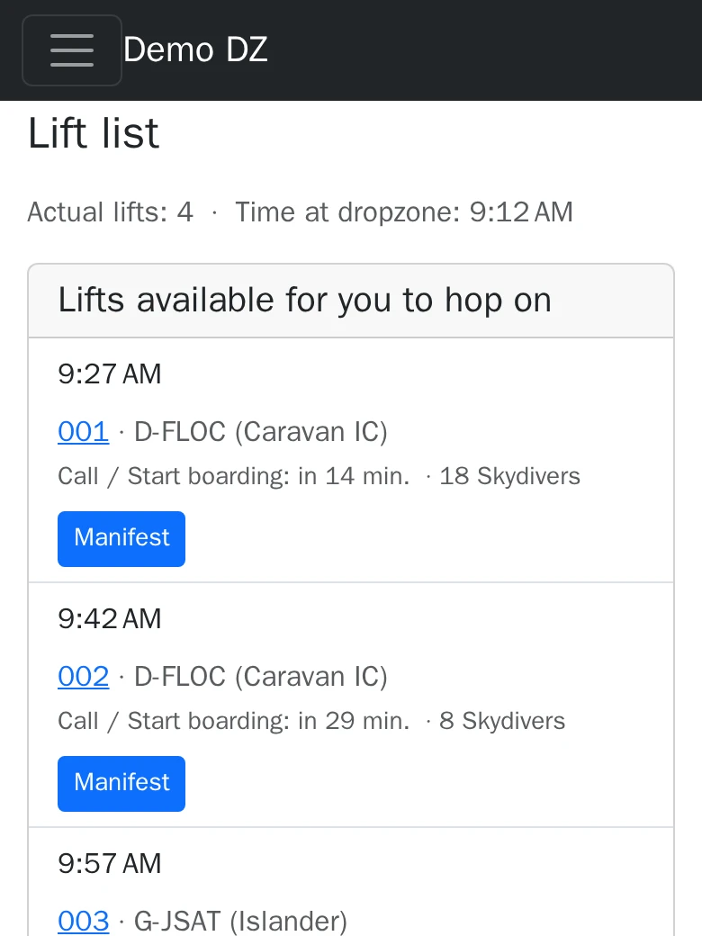 Screenshot: Pick a load from the list and tap "Manifest".