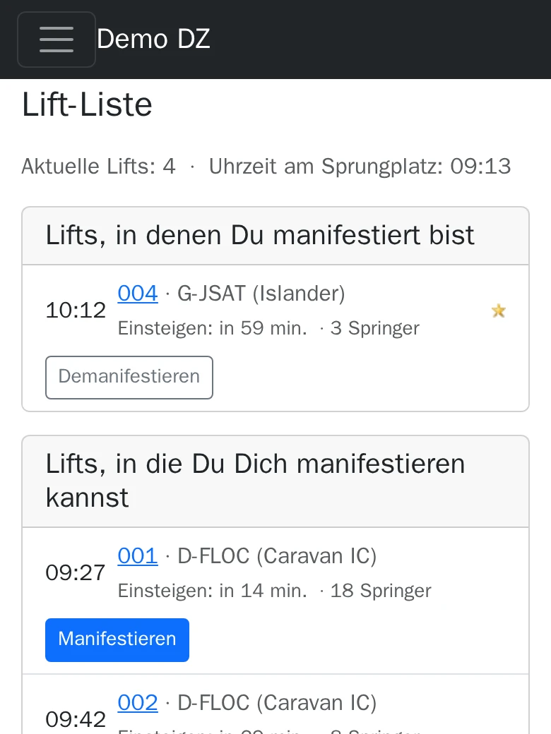 Screenshot: Die eigenen Loads stehen oben in der Liste; erlaubt es der Sprungplatz, tragen sie sich mit "Demanifestieren" wieder aus.