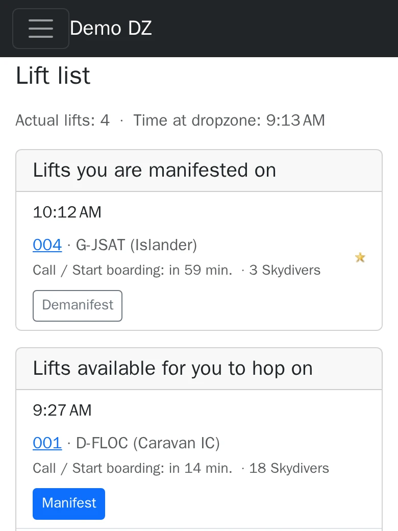 Screenshot: Their own loads are at the top of the list; if the dropzone allows it, "Demanifest" takes them off again.